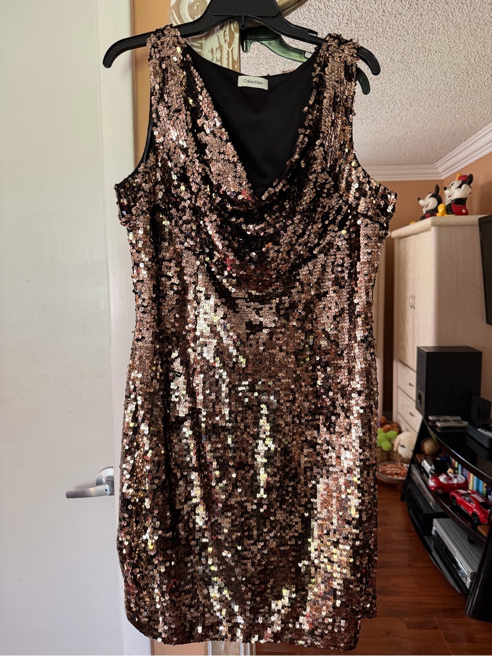 Calvin Klein Gold Sequin Cowl Neck Dress
